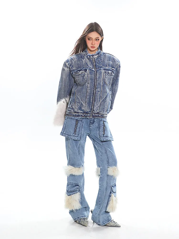 Distressed Trim Stripe-Washed Boxy Denim Jacket