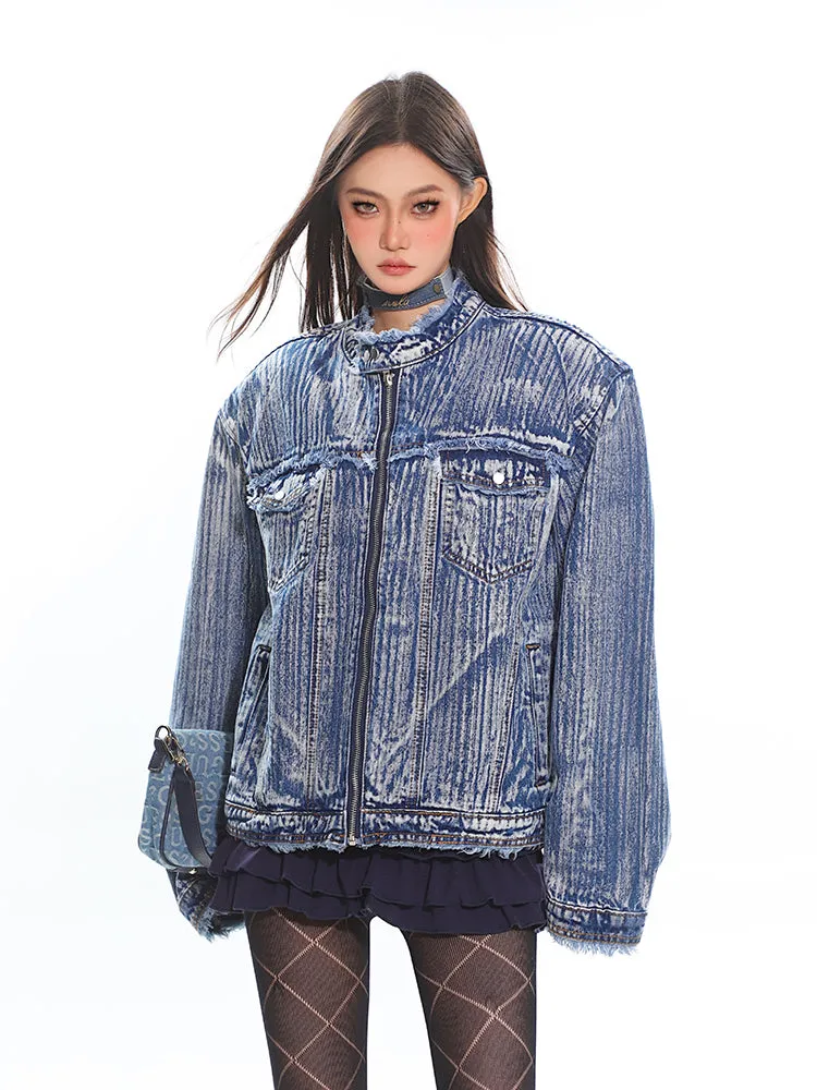Distressed Trim Stripe-Washed Boxy Denim Jacket