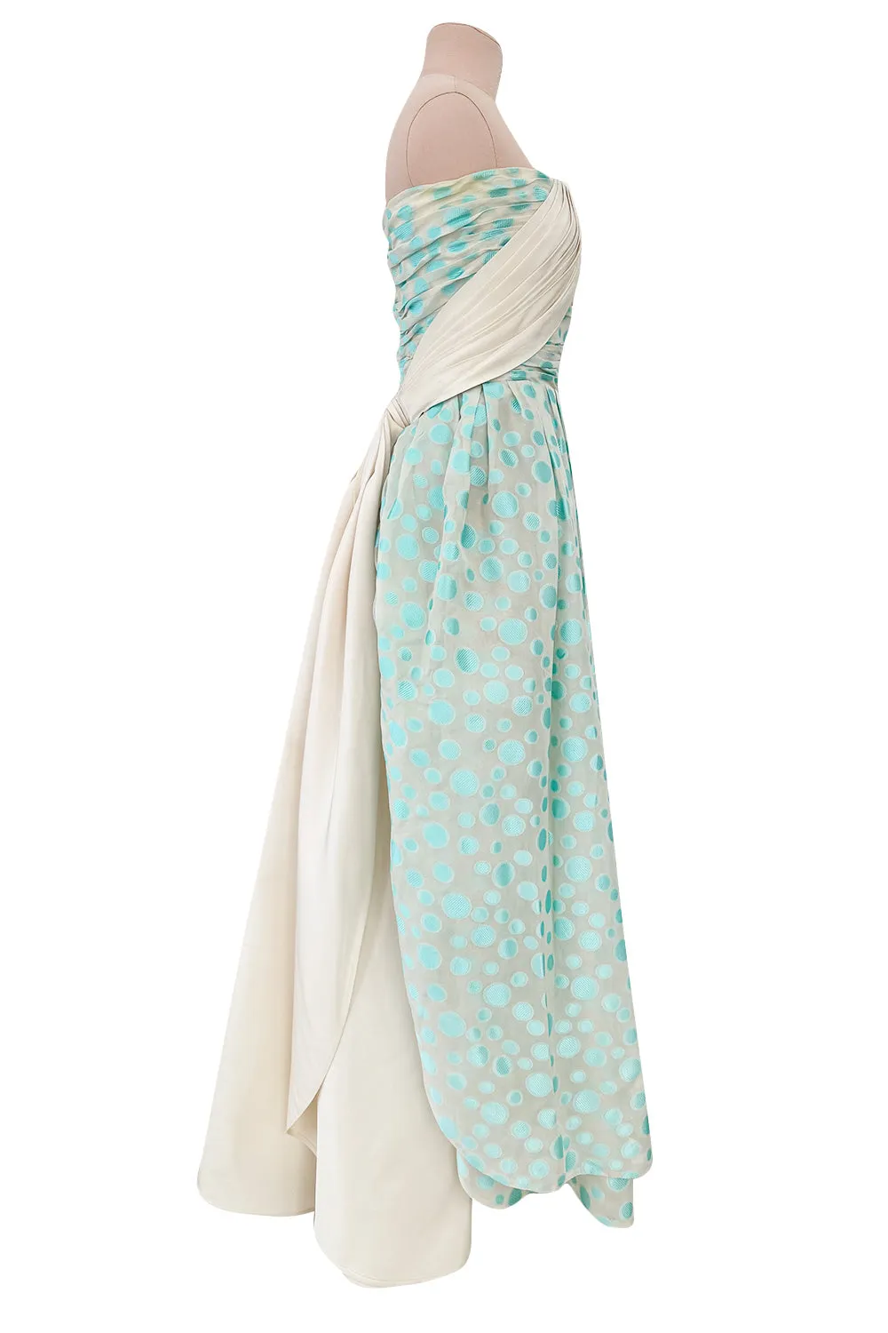 Dreamy Late 1960s Andre Laug Roma Alta Moda Couture Pale Turquoise Applied Dot Strapless Dress