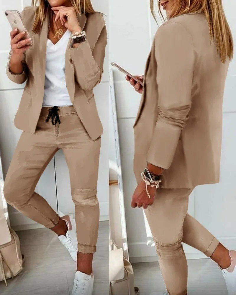 Fashionkova  2022 New Two-Piece Set High-Necked Long-Sleeved Tops   Pocket Pants Casual Autumn Winter Sweater Women Women's Trousers Suit