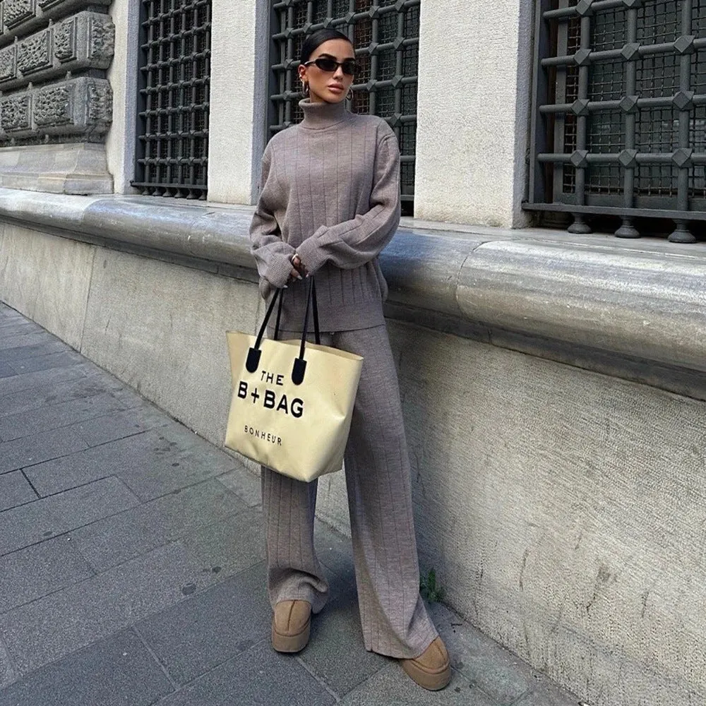 Fashionkova jock outfit Lazy Knitted High-Grade Suit Autumn and Winter Turtleneck Pullover Knitwear Street Fashion Solid Color Trousers