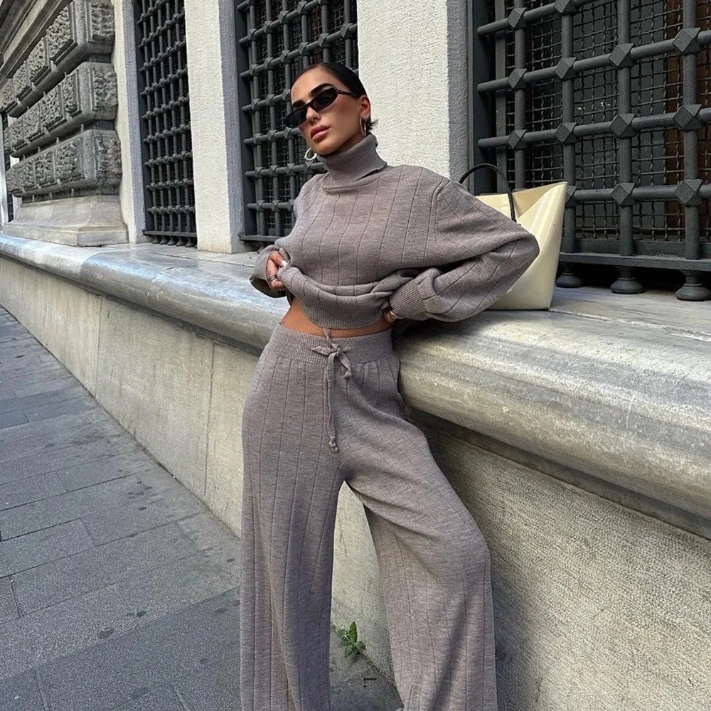 Fashionkova jock outfit Lazy Knitted High-Grade Suit Autumn and Winter Turtleneck Pullover Knitwear Street Fashion Solid Color Trousers