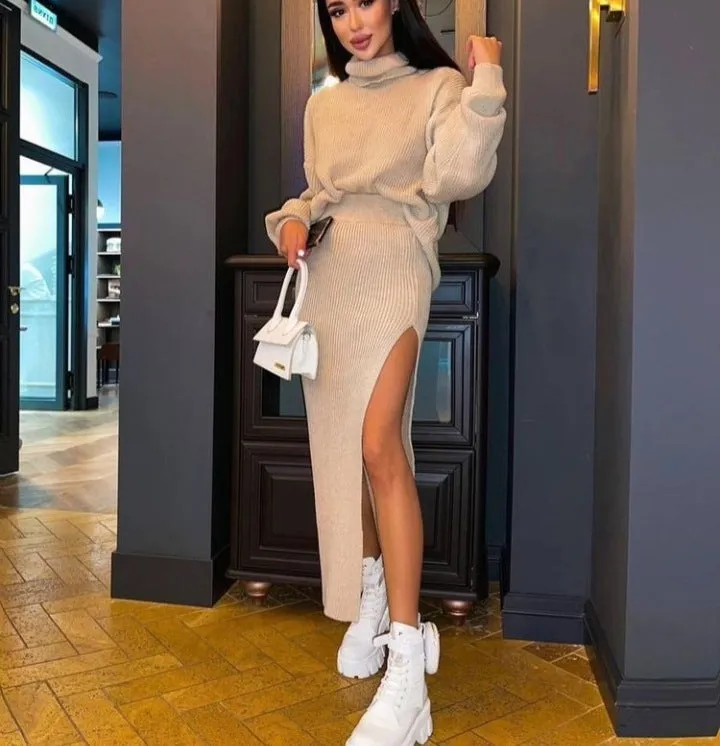 Fashionkova trending fall outfits 2024 Hot Sale Autumn and Winter New Turtleneck Loose Pullover Top Split Sexy Long Skirt Two-Piece Set