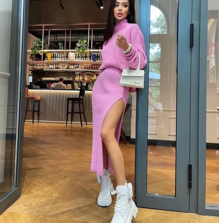 Fashionkova trending fall outfits 2024 Hot Sale Autumn and Winter New Turtleneck Loose Pullover Top Split Sexy Long Skirt Two-Piece Set