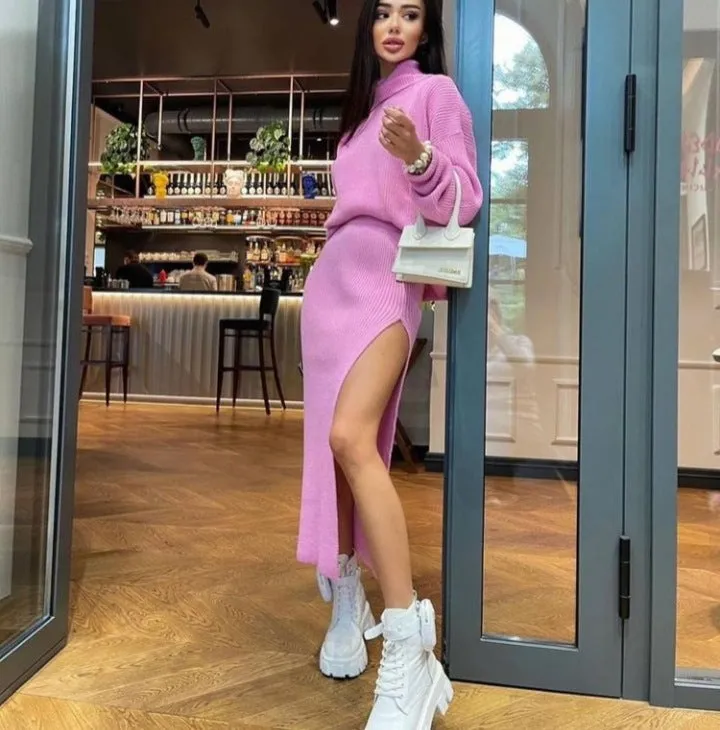 Fashionkova trending fall outfits 2024 Hot Sale Autumn and Winter New Turtleneck Loose Pullover Top Split Sexy Long Skirt Two-Piece Set