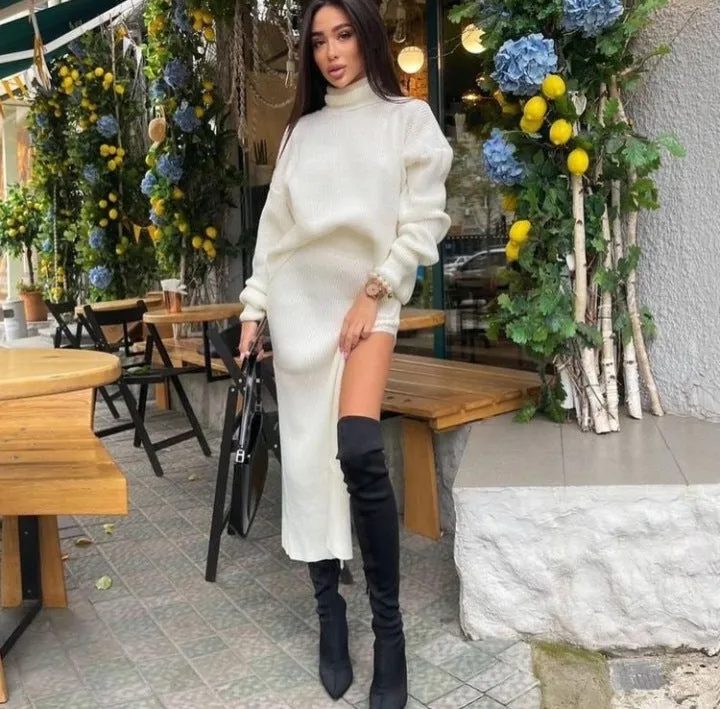 Fashionkova trending fall outfits 2024 Hot Sale Autumn and Winter New Turtleneck Loose Pullover Top Split Sexy Long Skirt Two-Piece Set