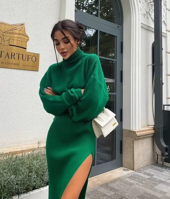 Fashionkova trending fall outfits 2024 Hot Sale Autumn and Winter New Turtleneck Loose Pullover Top Split Sexy Long Skirt Two-Piece Set