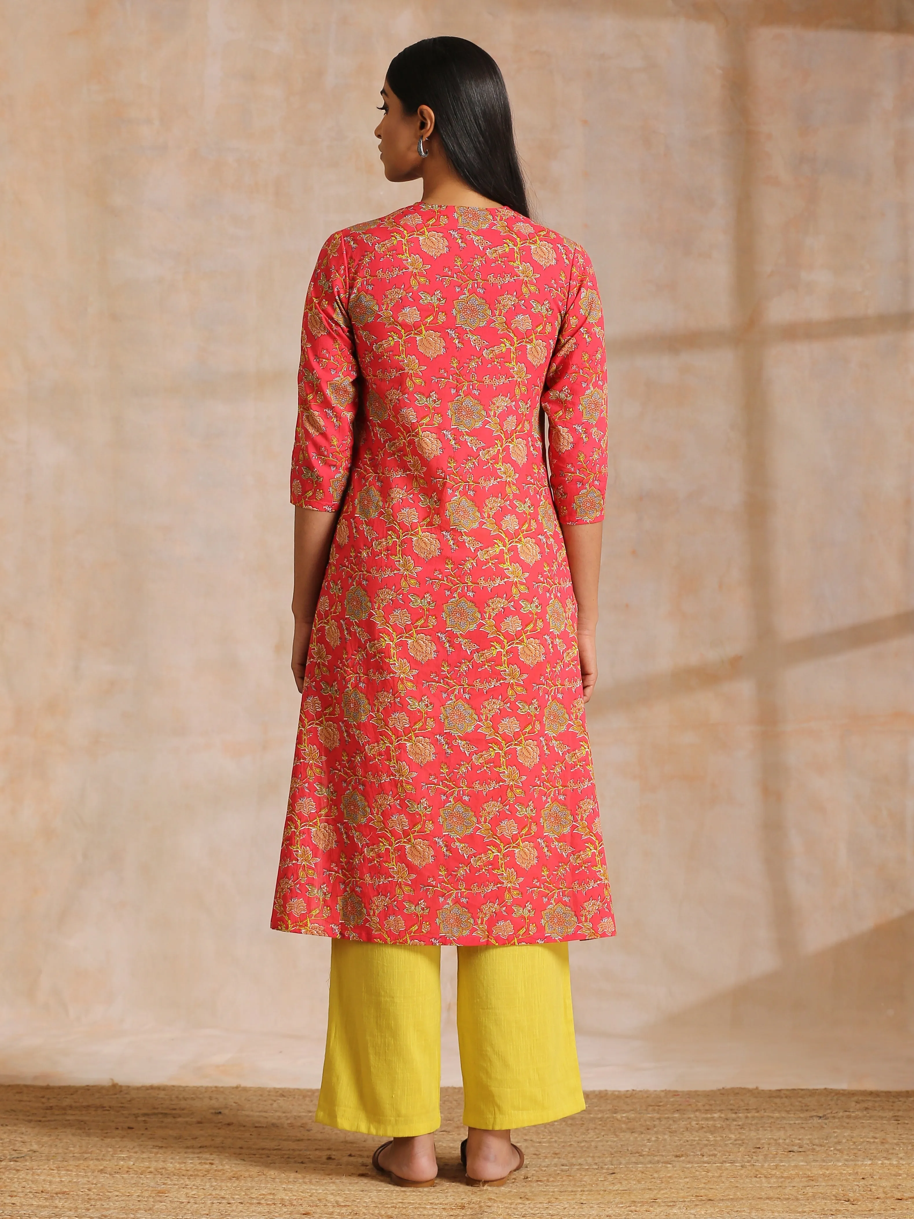 Flamingo Pink Overall Floral Block Print Cotton Slit Kurta Pant Set
