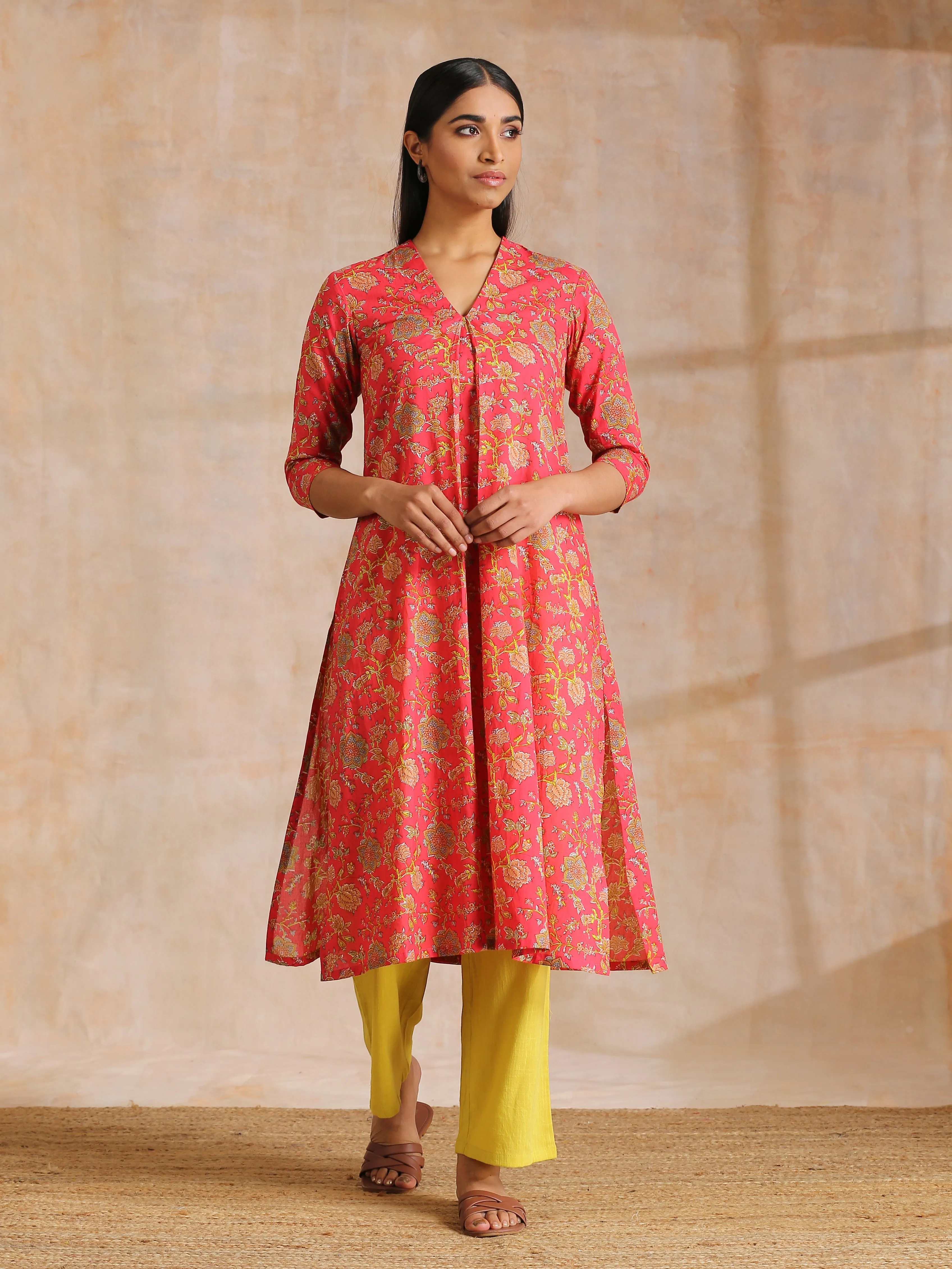 Flamingo Pink Overall Floral Block Print Cotton Slit Kurta Pant Set