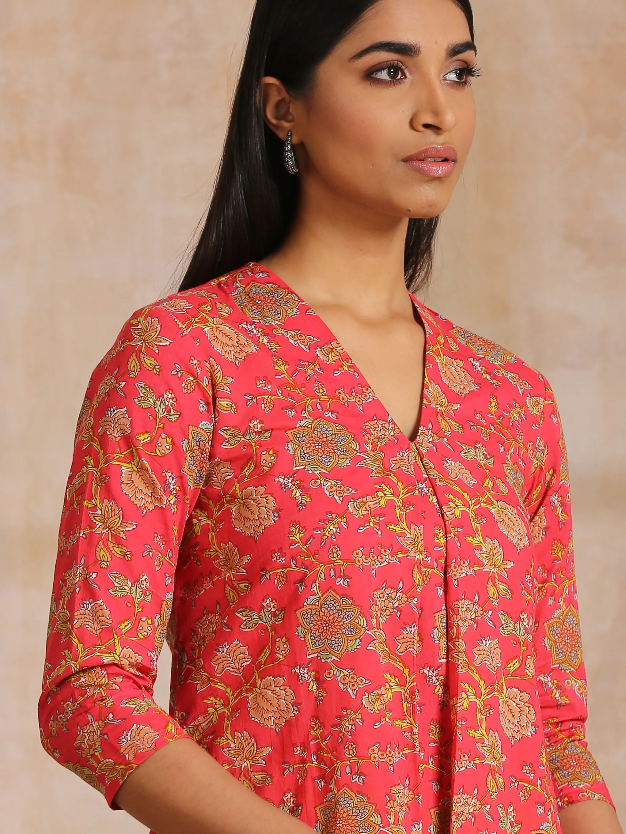 Flamingo Pink Overall Floral Block Print Cotton Slit Kurta Pant Set