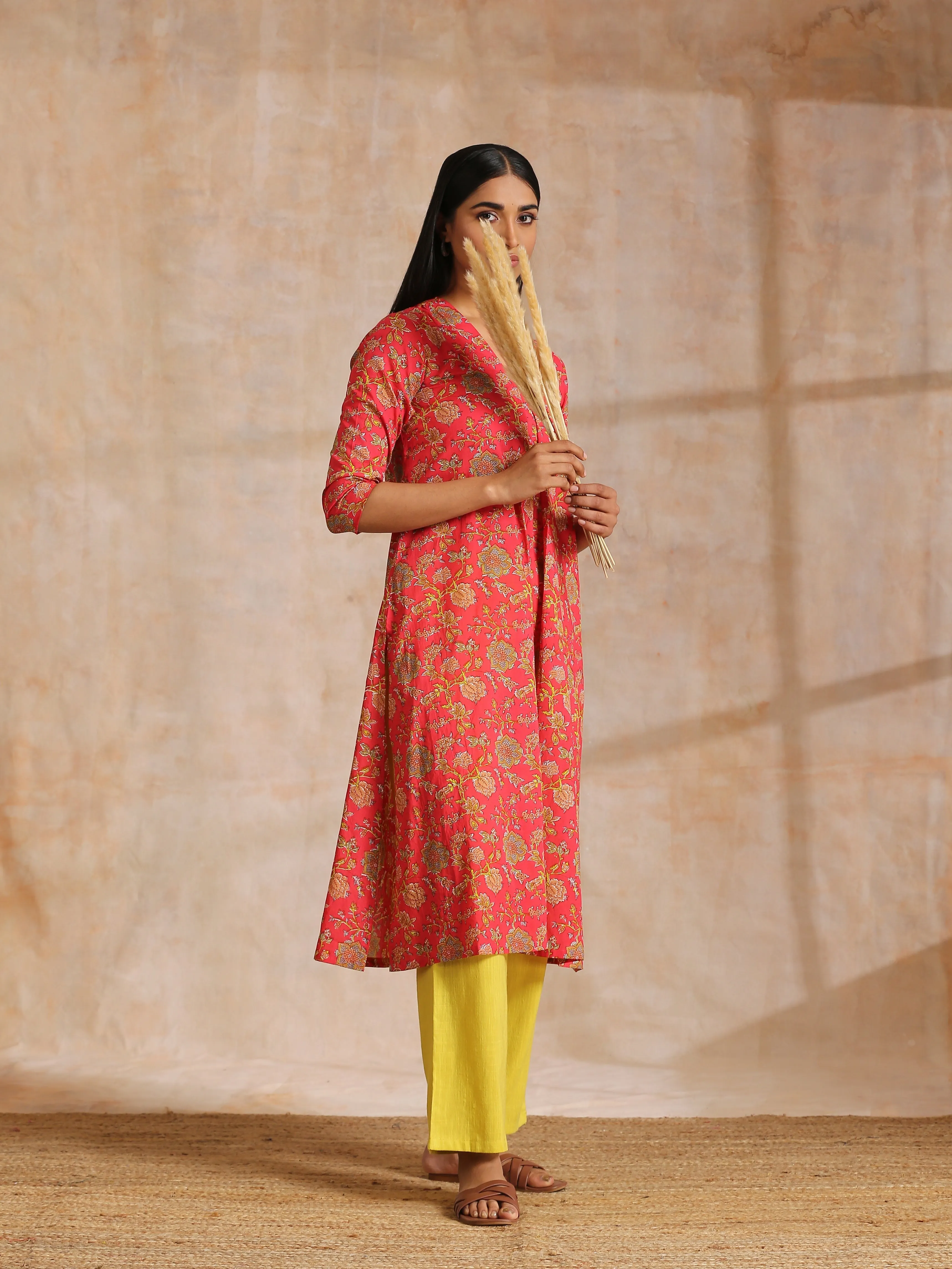 Flamingo Pink Overall Floral Block Print Cotton Slit Kurta Pant Set