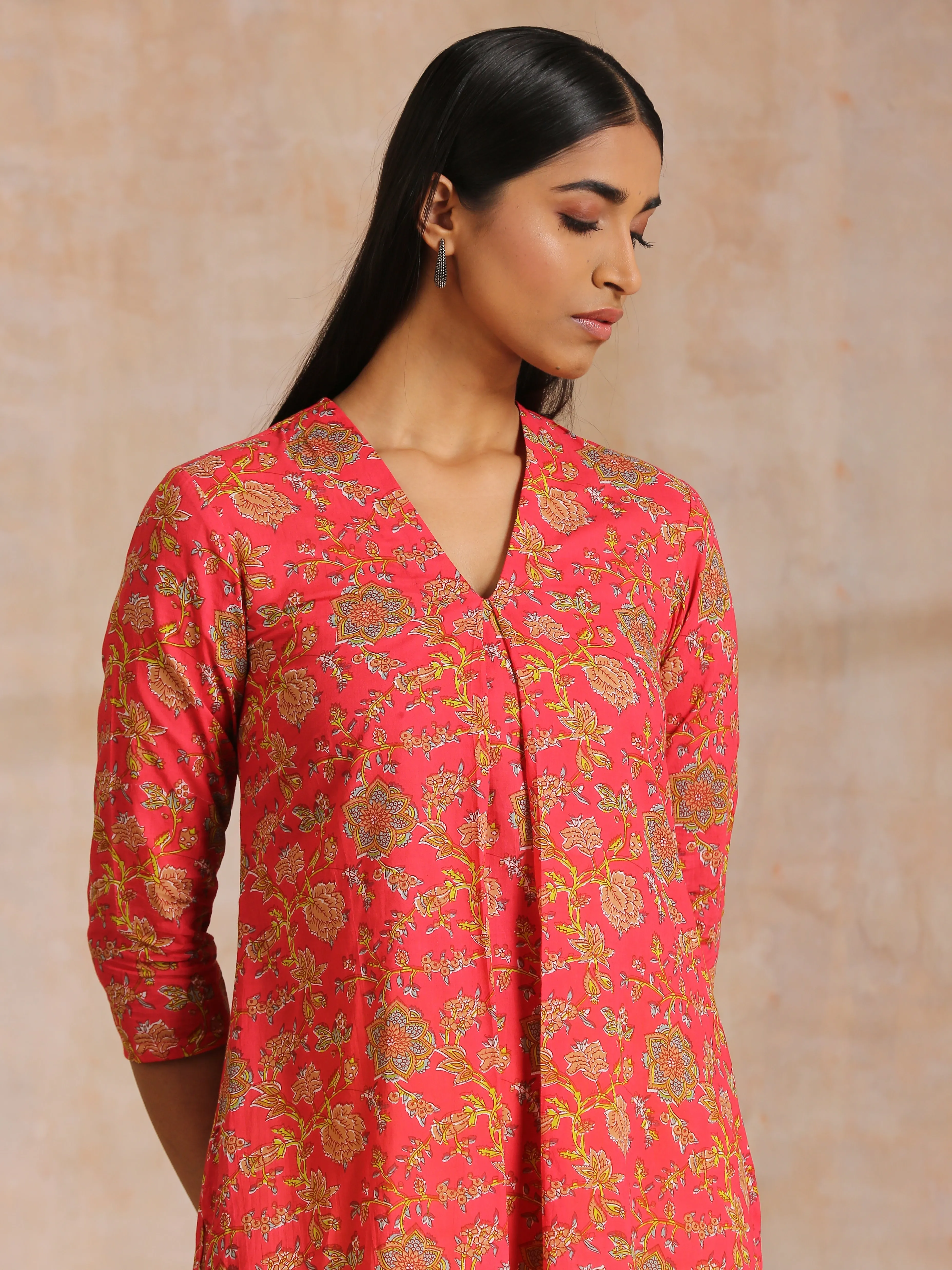 Flamingo Pink Overall Floral Block Print Cotton Slit Kurta Pant Set