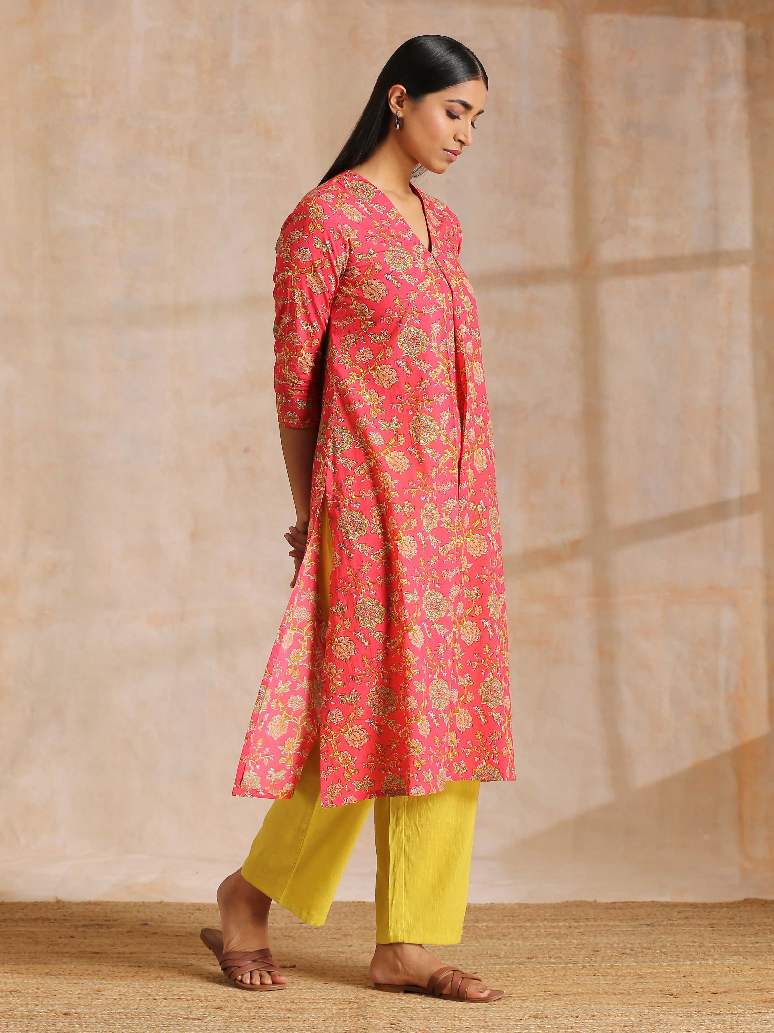 Flamingo Pink Overall Floral Block Print Cotton Slit Kurta Pant Set