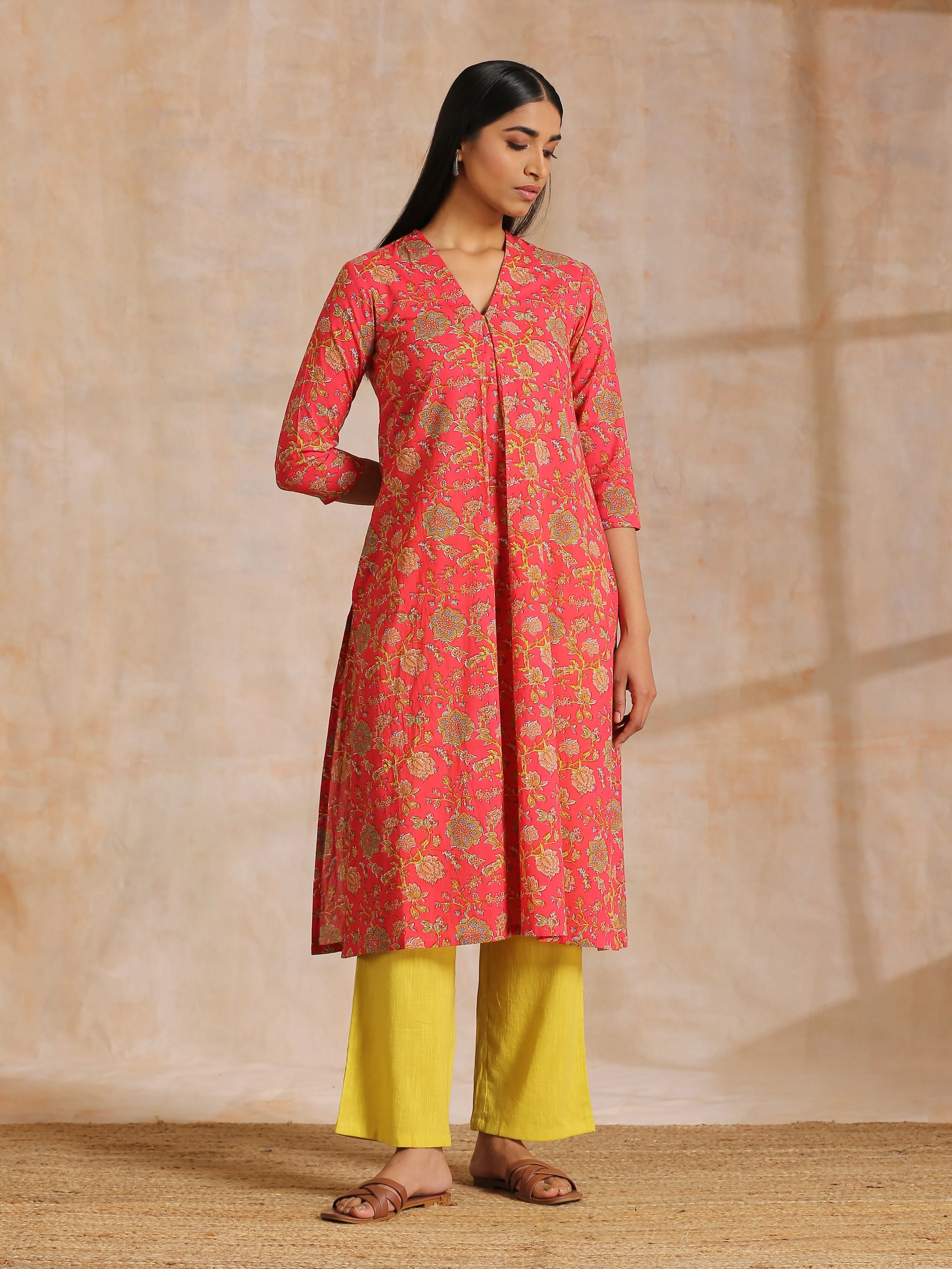 Flamingo Pink Overall Floral Block Print Cotton Slit Kurta Pant Set