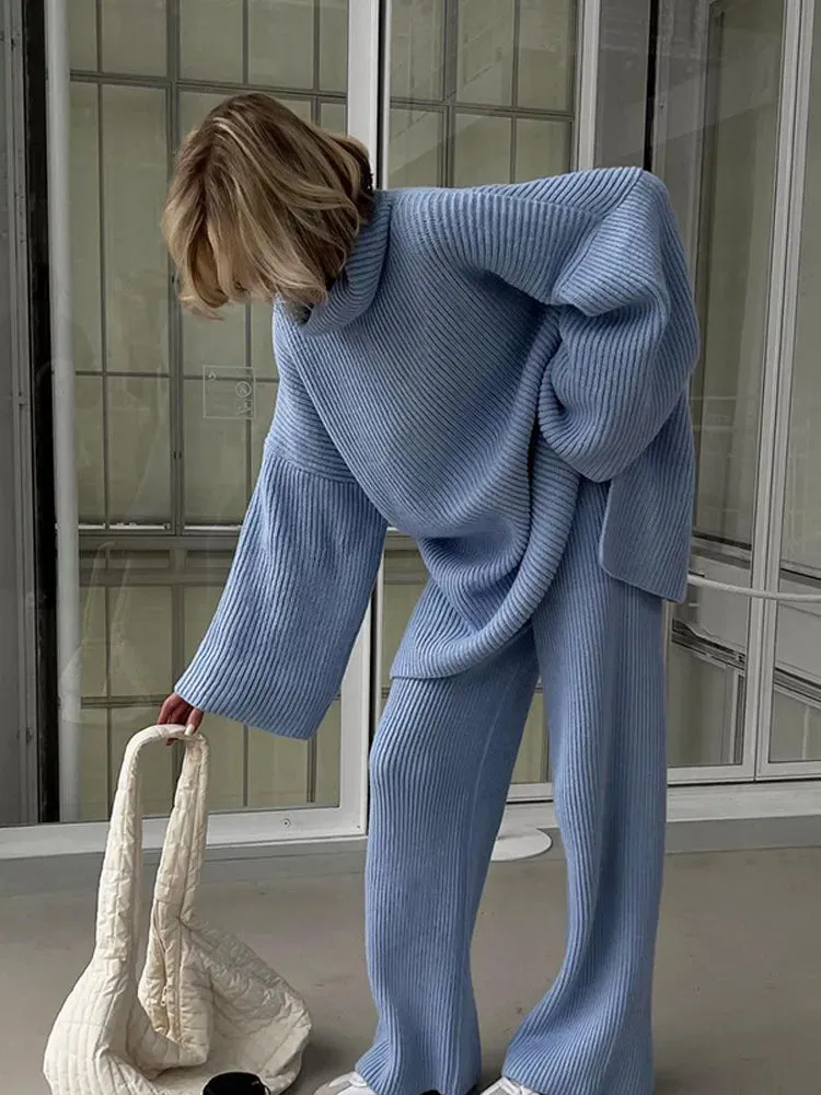 Flytonn-Christmas Thanksgiving Gift New Year's Eve Casual Outfits Chic Casual Full Sleeve High Neck Knitted Pullover Set Elegant Solid Color Loose Pant Suit 2024 New Woman Autumn Commuter Outfit