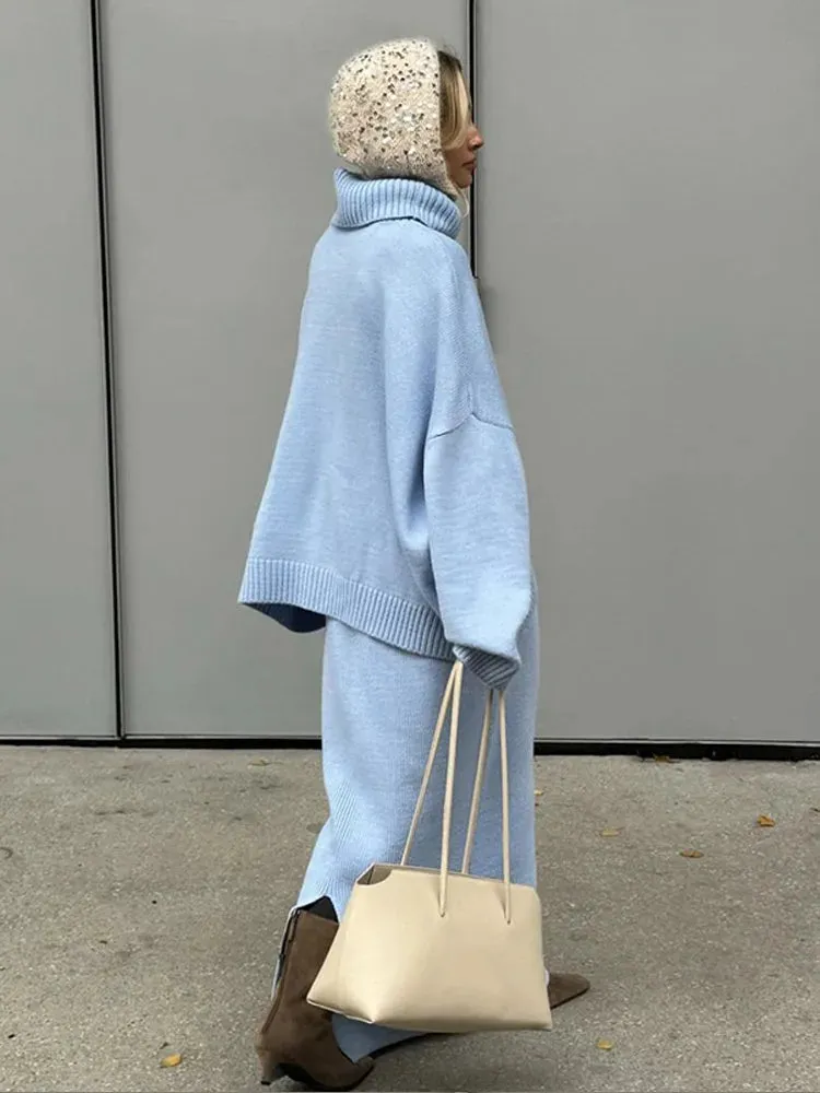 Flytonn-Christmas Thanksgiving Gift New Year's Eve Casual Outfits Chic Casual Full Sleeve High Neck Knitted Pullover Set Elegant Solid Color Loose Pant Suit 2024 New Woman Autumn Commuter Outfit