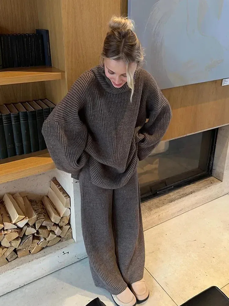 Flytonn-Christmas Thanksgiving Gift New Year's Eve Casual Outfits Chic Casual Full Sleeve High Neck Knitted Pullover Set Elegant Solid Color Loose Pant Suit 2024 New Woman Autumn Commuter Outfit