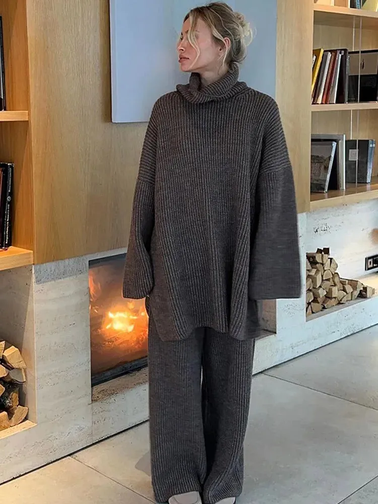 Flytonn-Christmas Thanksgiving Gift New Year's Eve Casual Outfits Chic Casual Full Sleeve High Neck Knitted Pullover Set Elegant Solid Color Loose Pant Suit 2024 New Woman Autumn Commuter Outfit