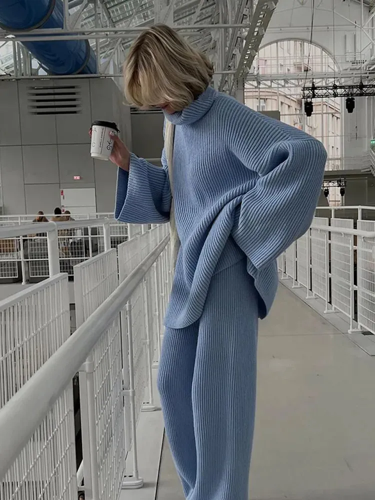 Flytonn-Christmas Thanksgiving Gift New Year's Eve Casual Outfits Chic Casual Full Sleeve High Neck Knitted Pullover Set Elegant Solid Color Loose Pant Suit 2024 New Woman Autumn Commuter Outfit