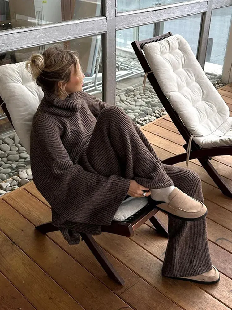 Flytonn-Christmas Thanksgiving Gift New Year's Eve Casual Outfits Chic Casual Full Sleeve High Neck Knitted Pullover Set Elegant Solid Color Loose Pant Suit 2024 New Woman Autumn Commuter Outfit