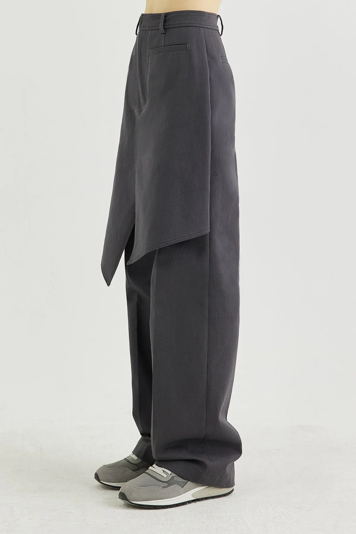 Front layered wrap skirt paneled cotton-twill straight-leg pants