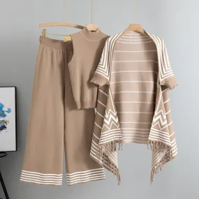 GBOLSOS 2025 style fashion suit women's spring temperament knitted striped shawl jacket vest wide leg pants three-piece trendy set