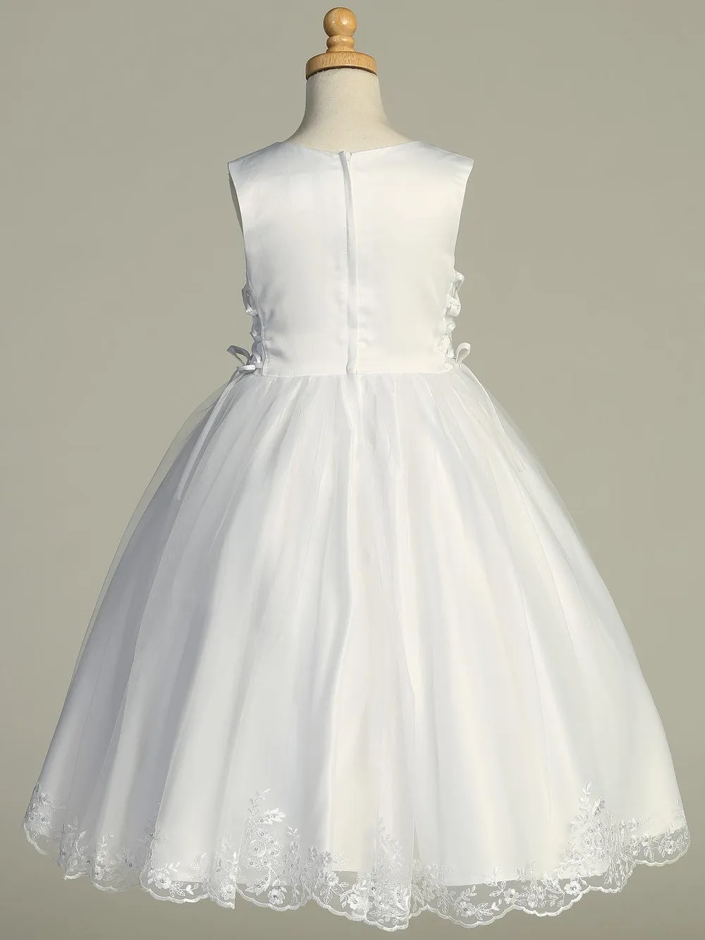 Girls White First Communion Dress Satin w/ Embroidered Tulle, Sequins, Beads, & Rhinestones (728)