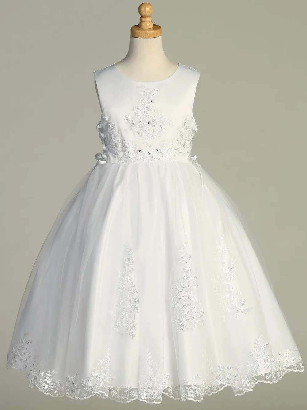 Girls White First Communion Dress Satin w/ Embroidered Tulle, Sequins, Beads, & Rhinestones (728)