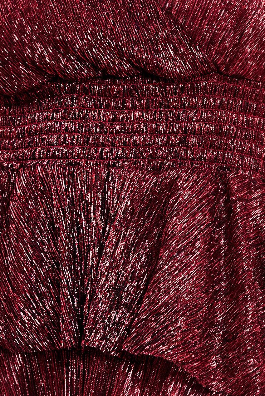 Goddiva Crinkle Lurex High Low Layered Midi Dress - Wine