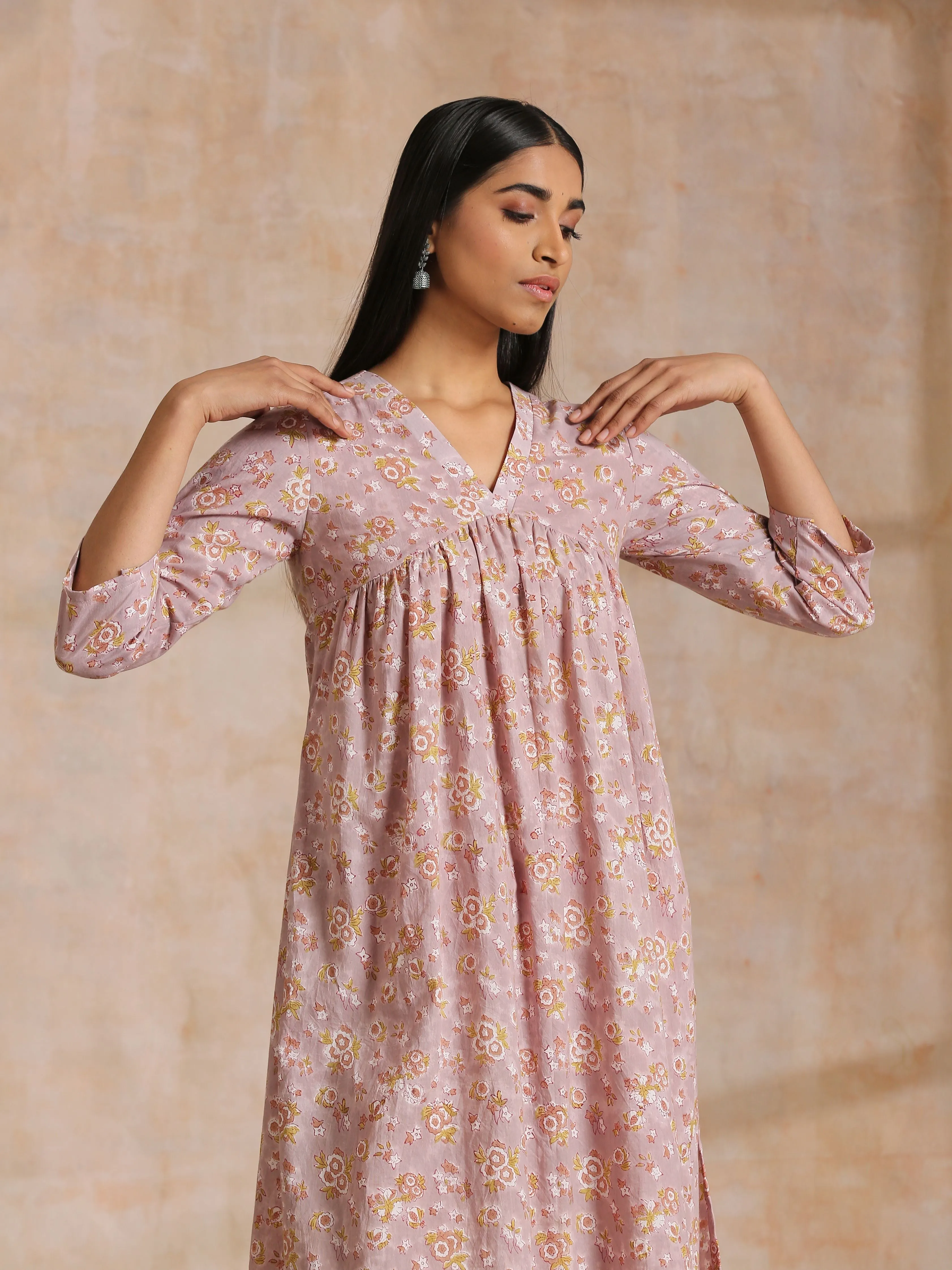 Grey Overall Floral Block Print Cotton Flared Slit Kurta Pant Set
