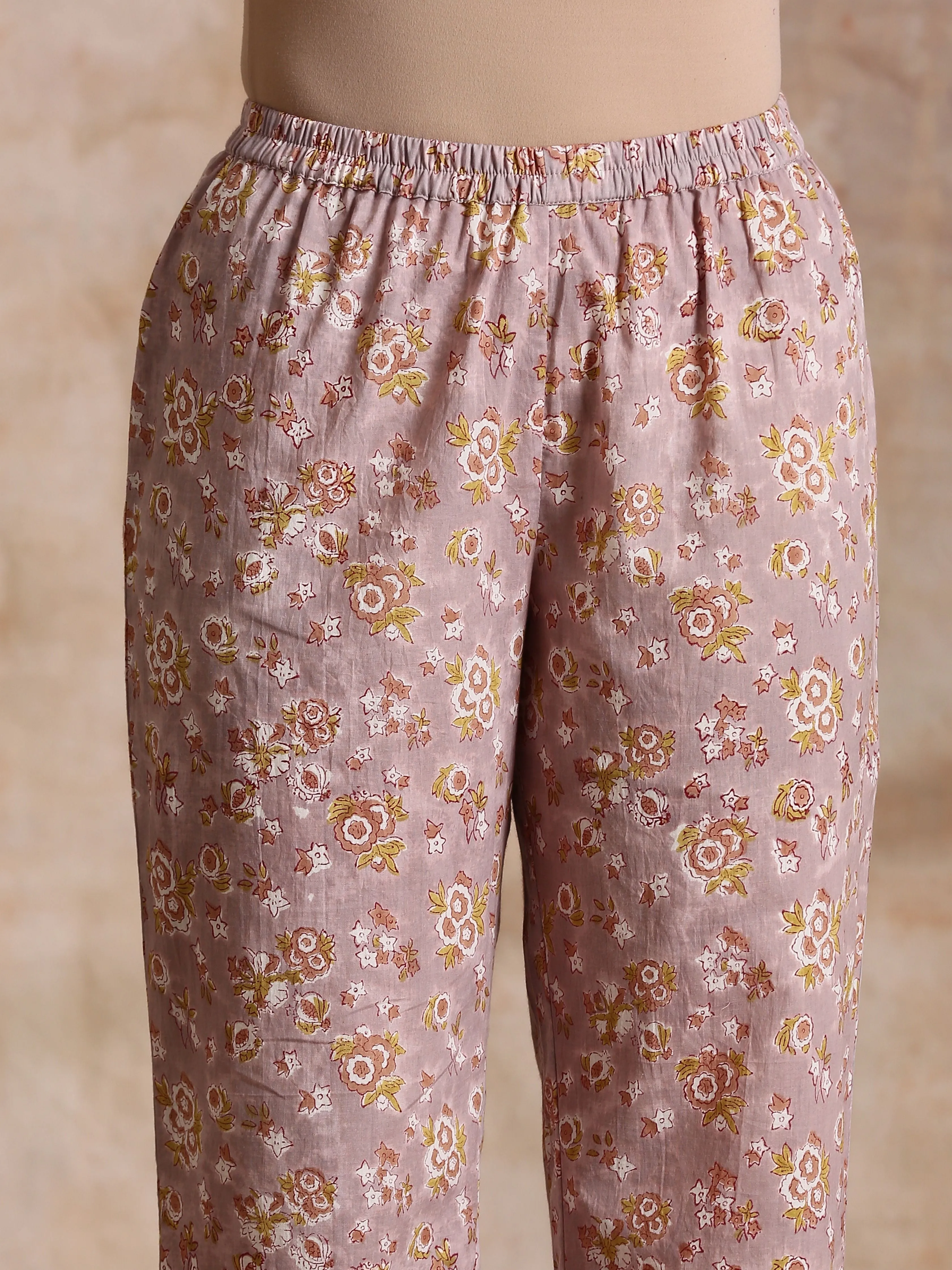 Grey Overall Floral Block Print Cotton Flared Slit Kurta Pant Set