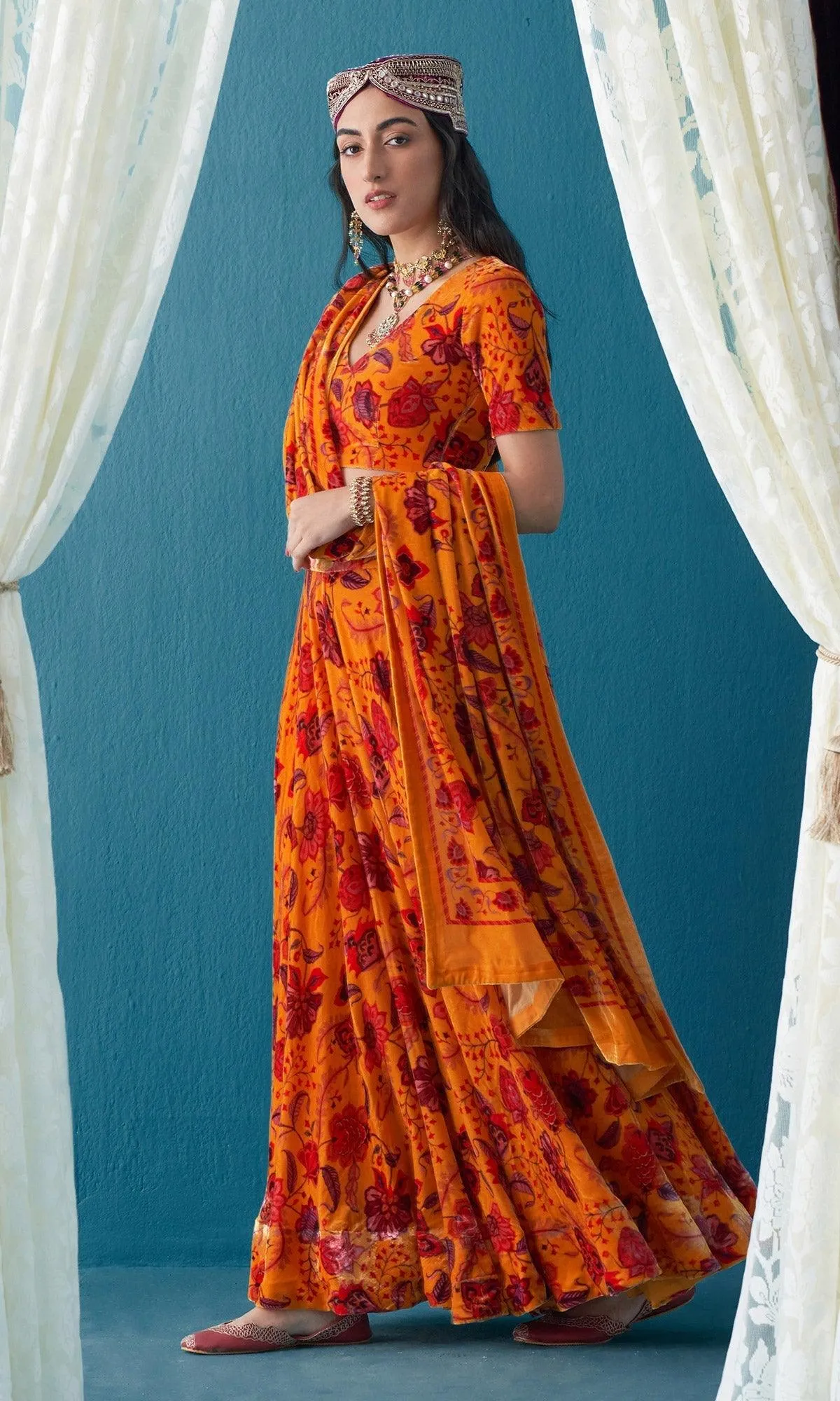 Khizaan Chintz Mustard Velvet Shawl Only