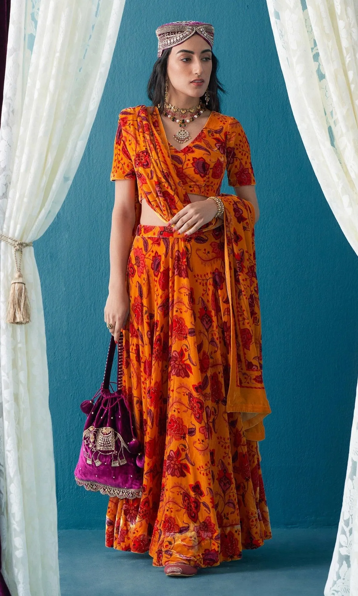 Khizaan Chintz Mustard Velvet Shawl Only