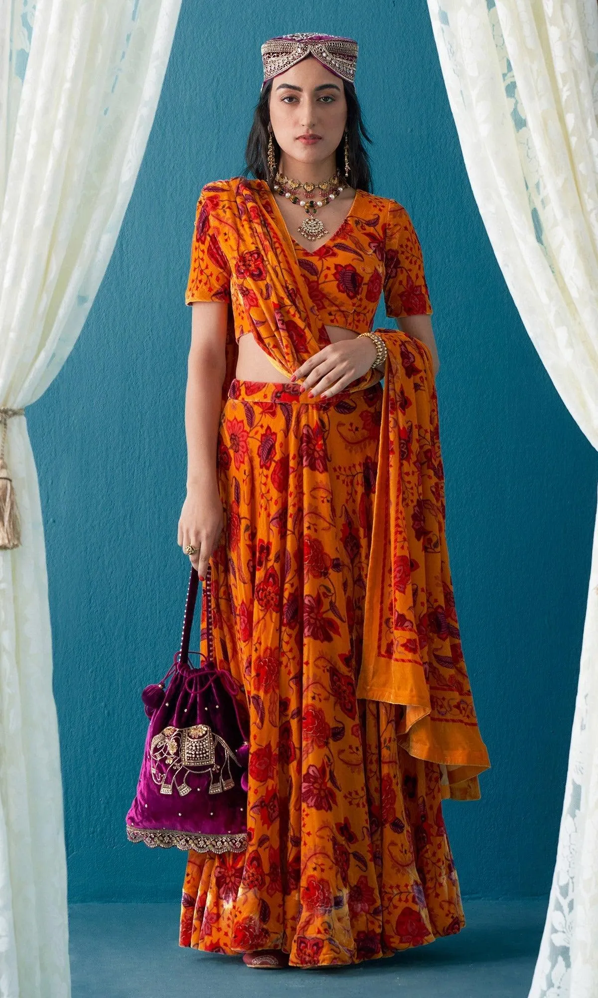 Khizaan Chintz Mustard Velvet Shawl Only