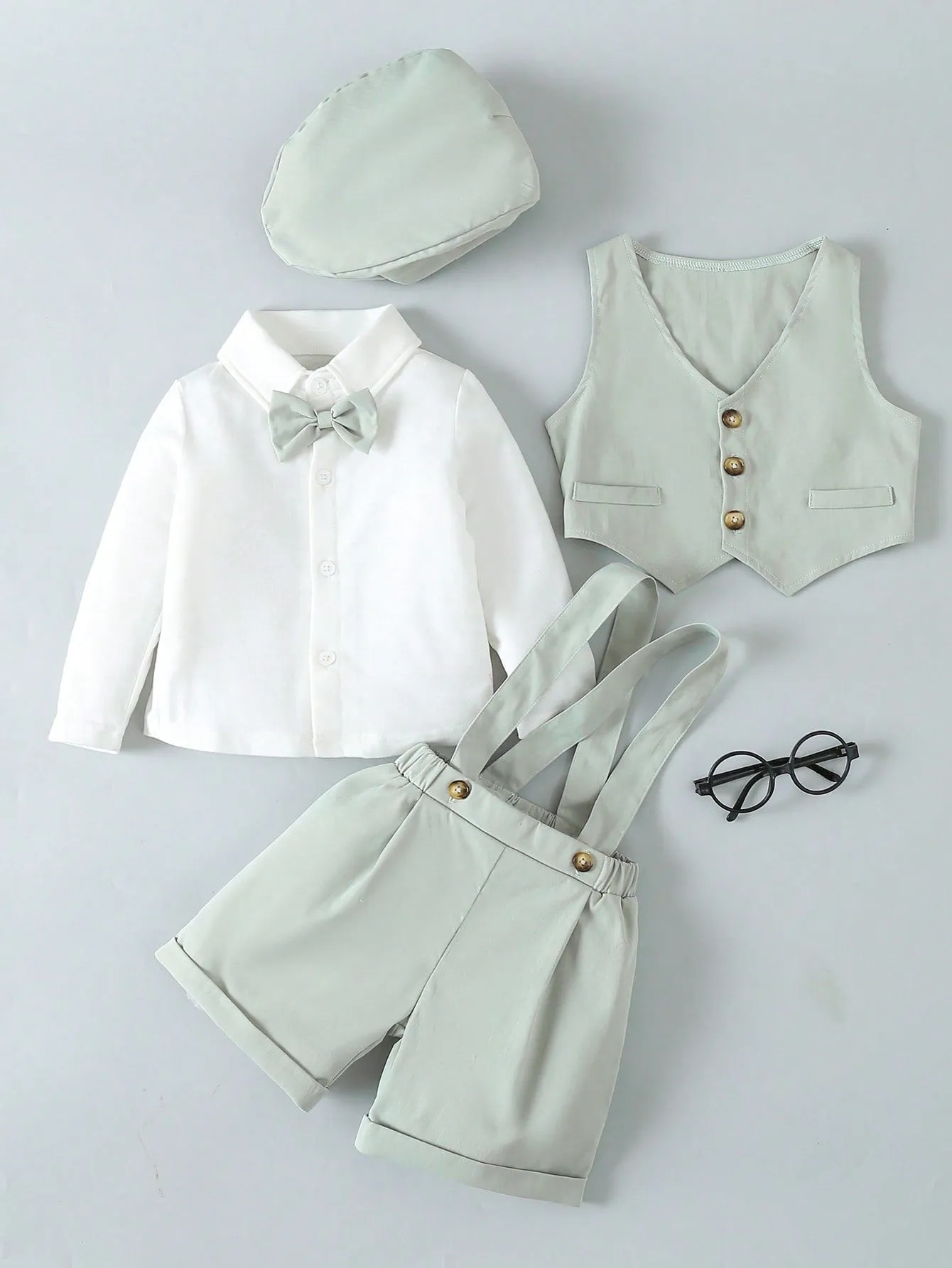 Kids Baby Boy Solid Color Shirt, Vest, Suspenders Shorts And Flat Cap Set