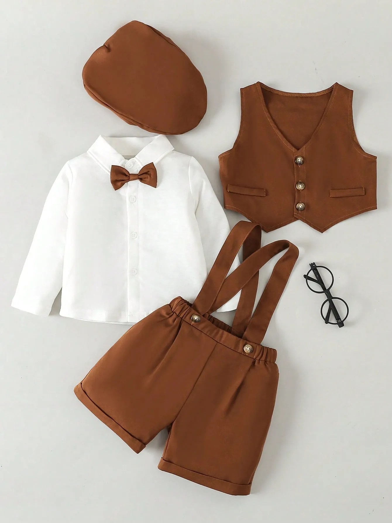 Kids Baby Boy Solid Color Shirt, Vest, Suspenders Shorts And Flat Cap Set