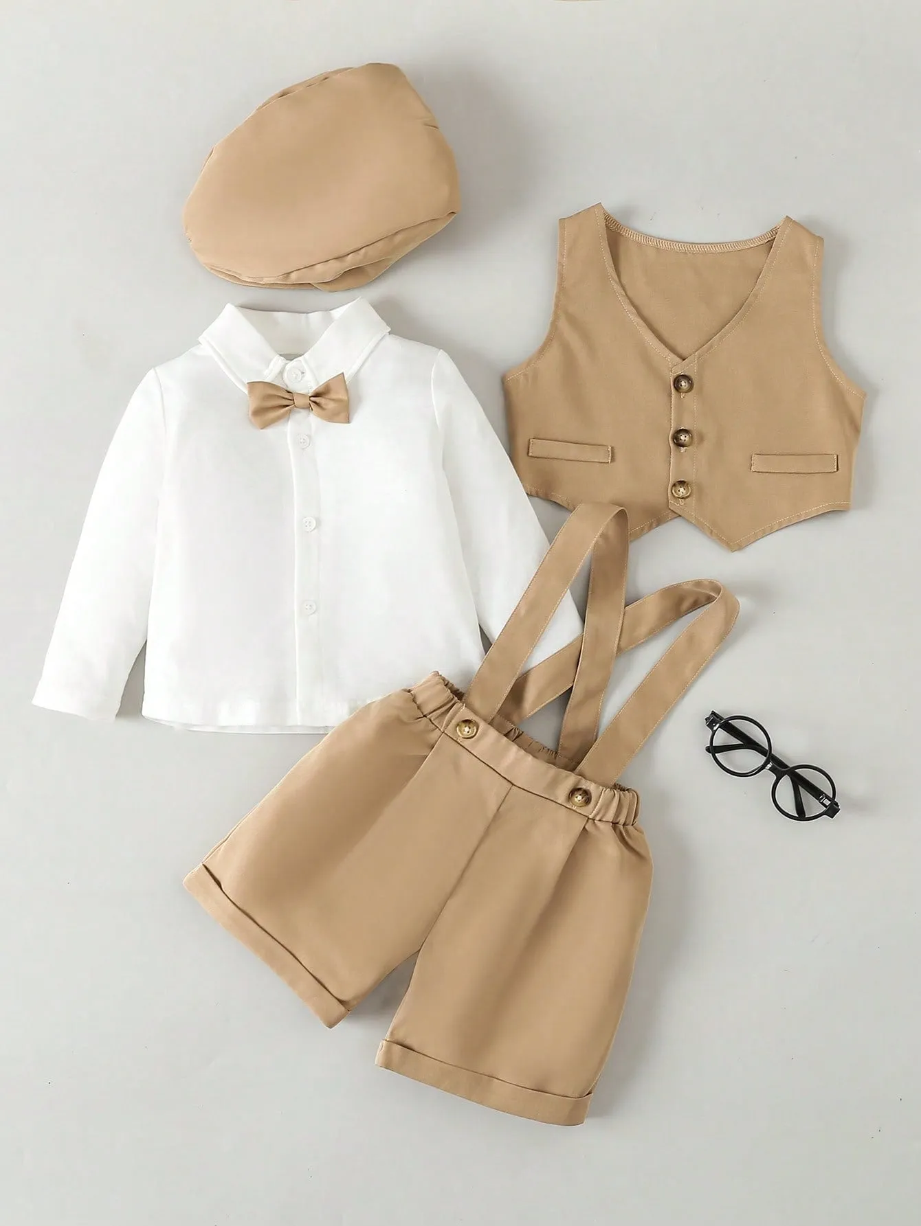 Kids Baby Boy Solid Color Shirt, Vest, Suspenders Shorts And Flat Cap Set