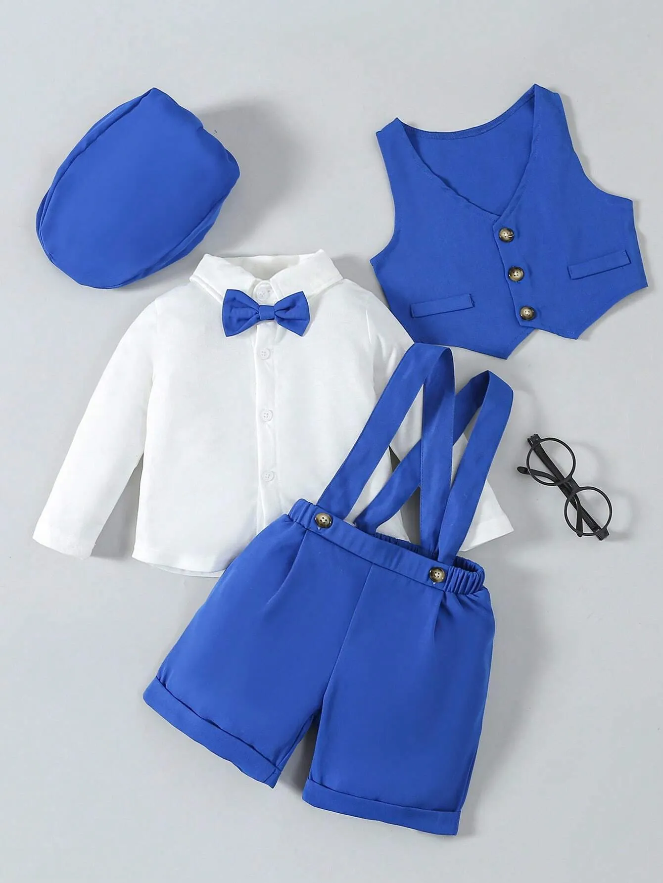 Kids Baby Boy Solid Color Shirt, Vest, Suspenders Shorts And Flat Cap Set