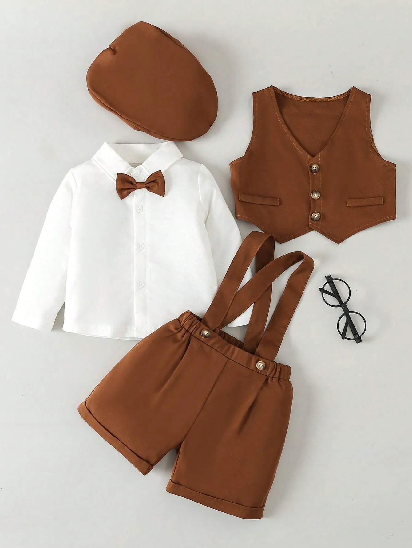 Kids Baby Boy Solid Color Shirt, Vest, Suspenders Shorts And Flat Cap Set