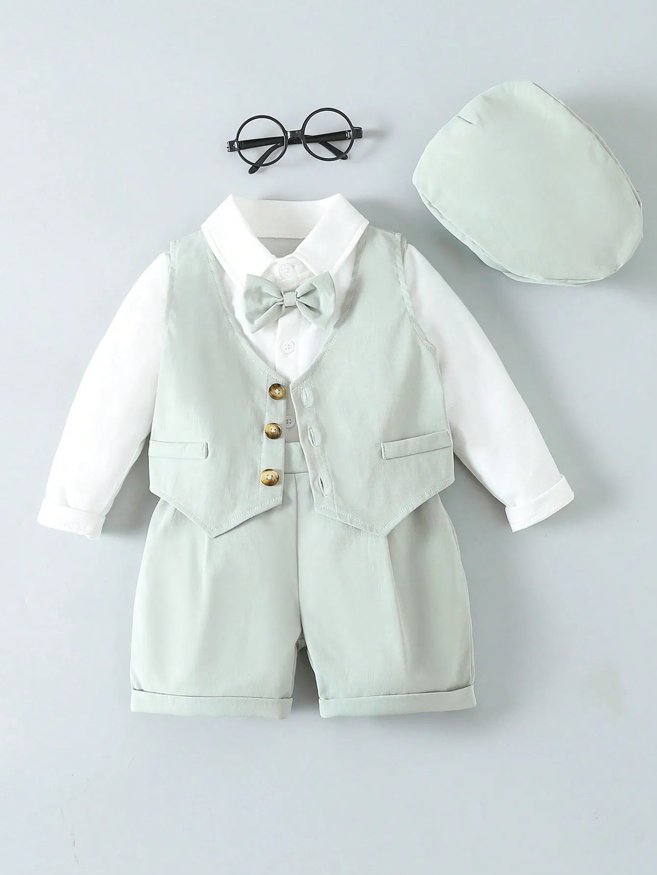 Kids Baby Boy Solid Color Shirt, Vest, Suspenders Shorts And Flat Cap Set