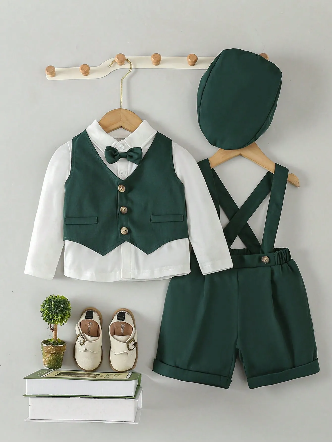 Kids Baby Boy Solid Color Shirt, Vest, Suspenders Shorts And Flat Cap Set