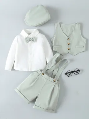 Kids Baby Boy Solid Color Shirt, Vest, Suspenders Shorts And Flat Cap Set