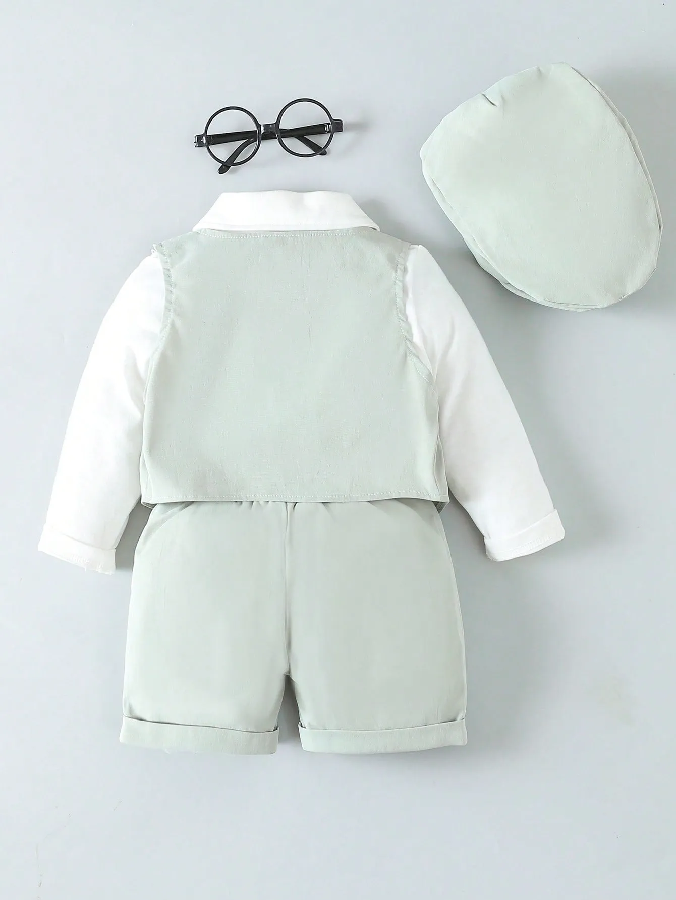Kids Baby Boy Solid Color Shirt, Vest, Suspenders Shorts And Flat Cap Set