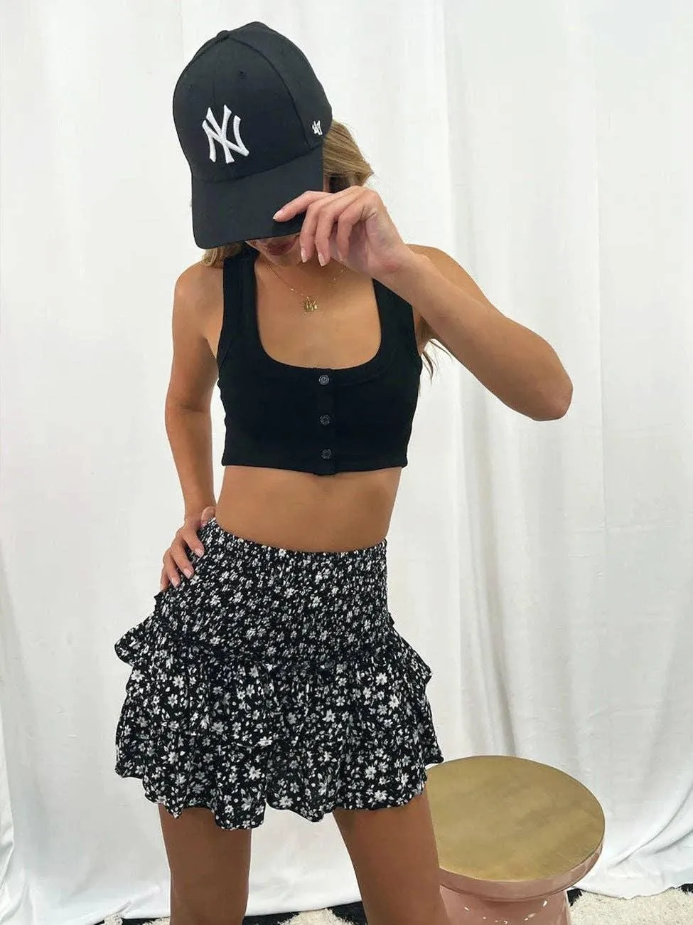 Ladies Flower Print  Ruffled Short Pleated Skirt FQRE