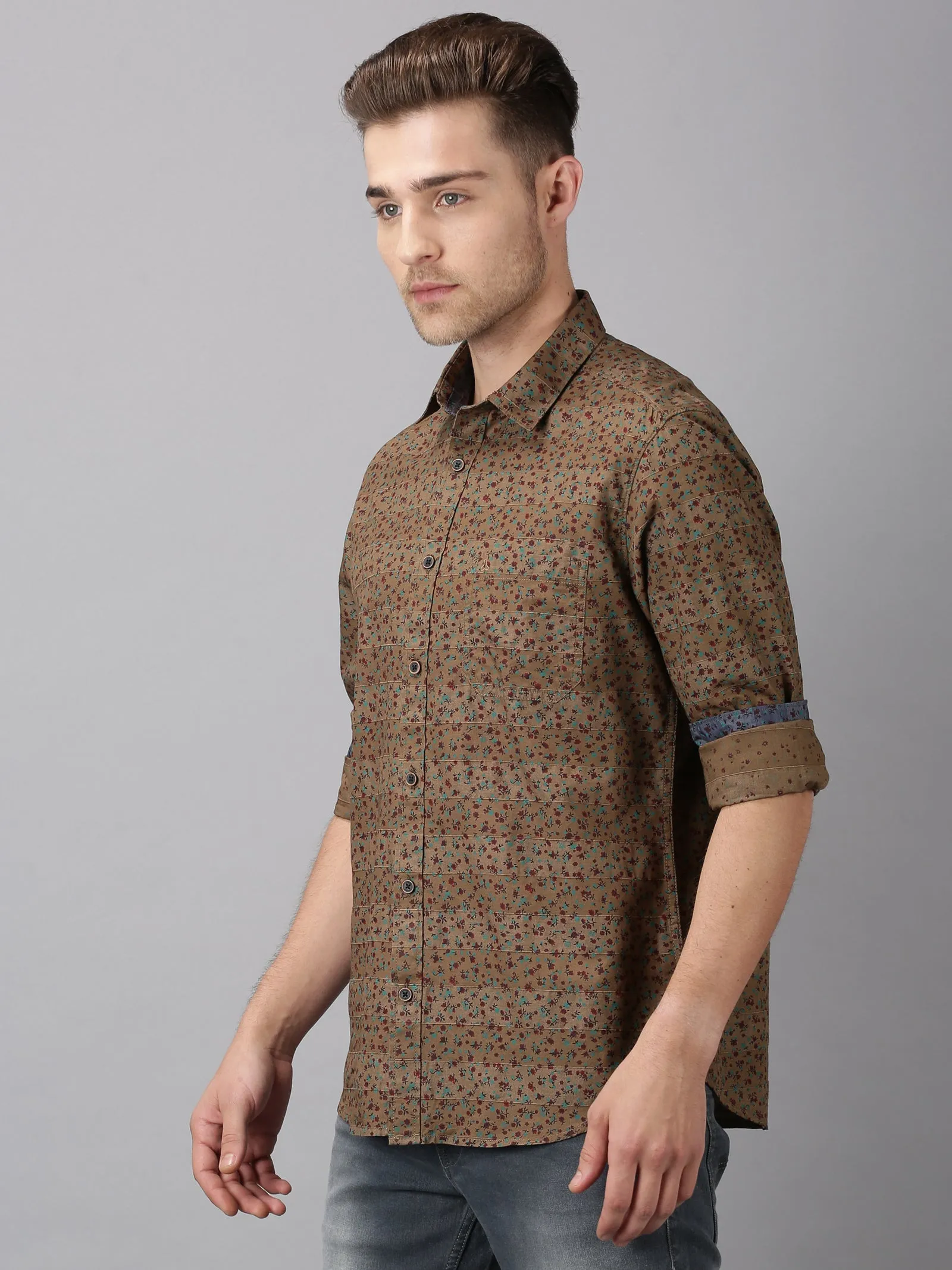 MEN'S KHAKI PRINT SLIM FIT SHIRT
