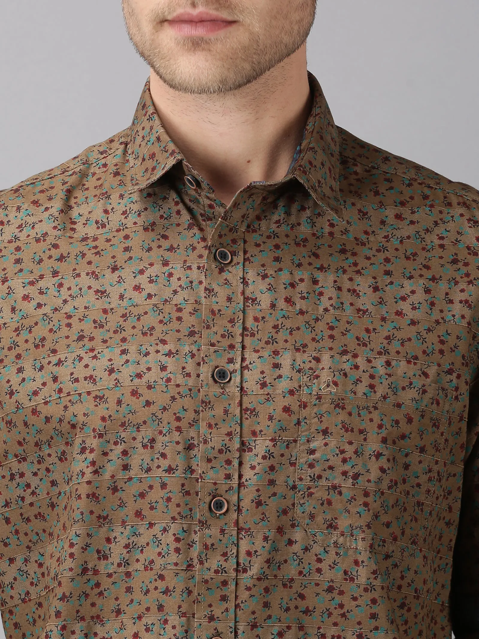 MEN'S KHAKI PRINT SLIM FIT SHIRT
