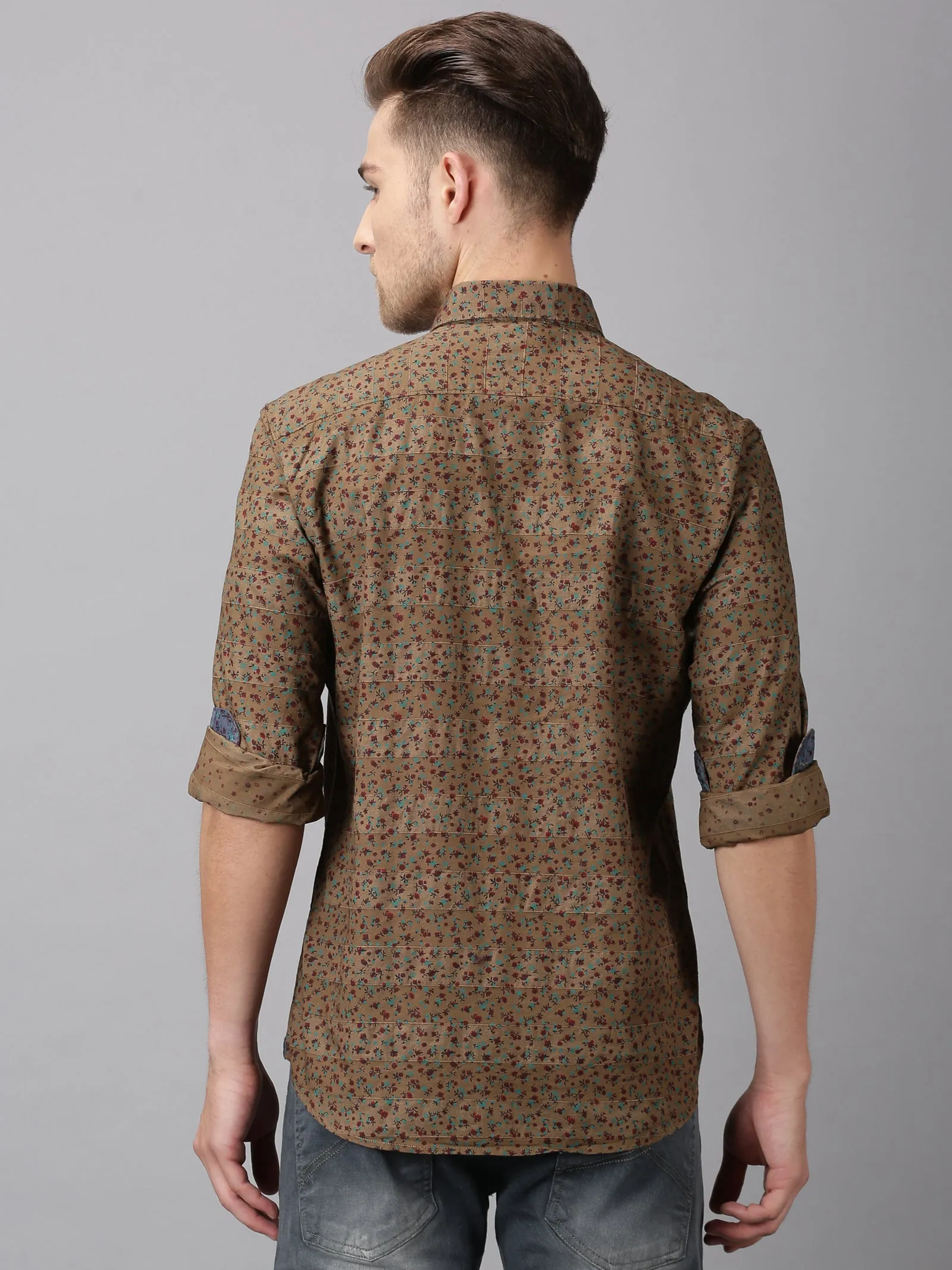 MEN'S KHAKI PRINT SLIM FIT SHIRT
