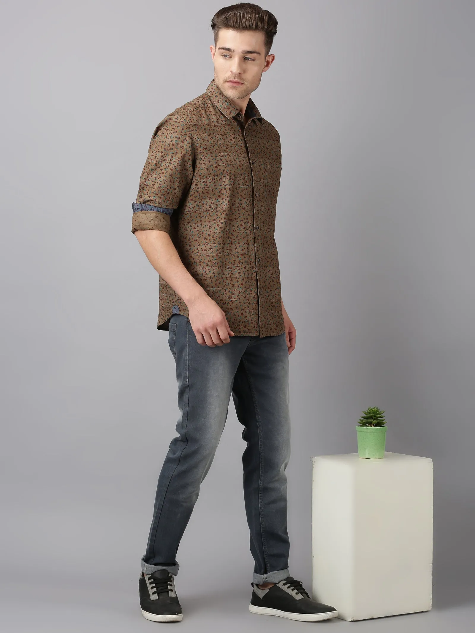 MEN'S KHAKI PRINT SLIM FIT SHIRT