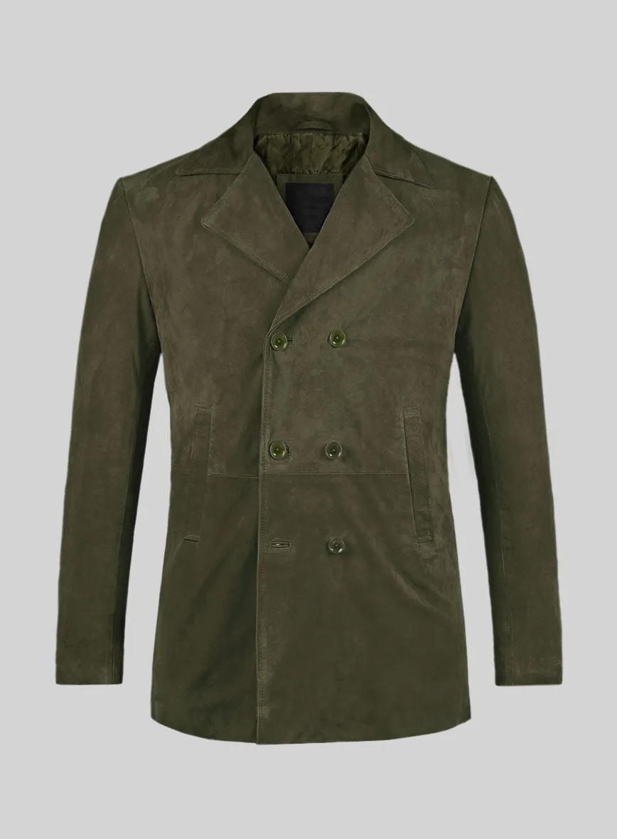 Olive Green Suede Leather Pea Coat