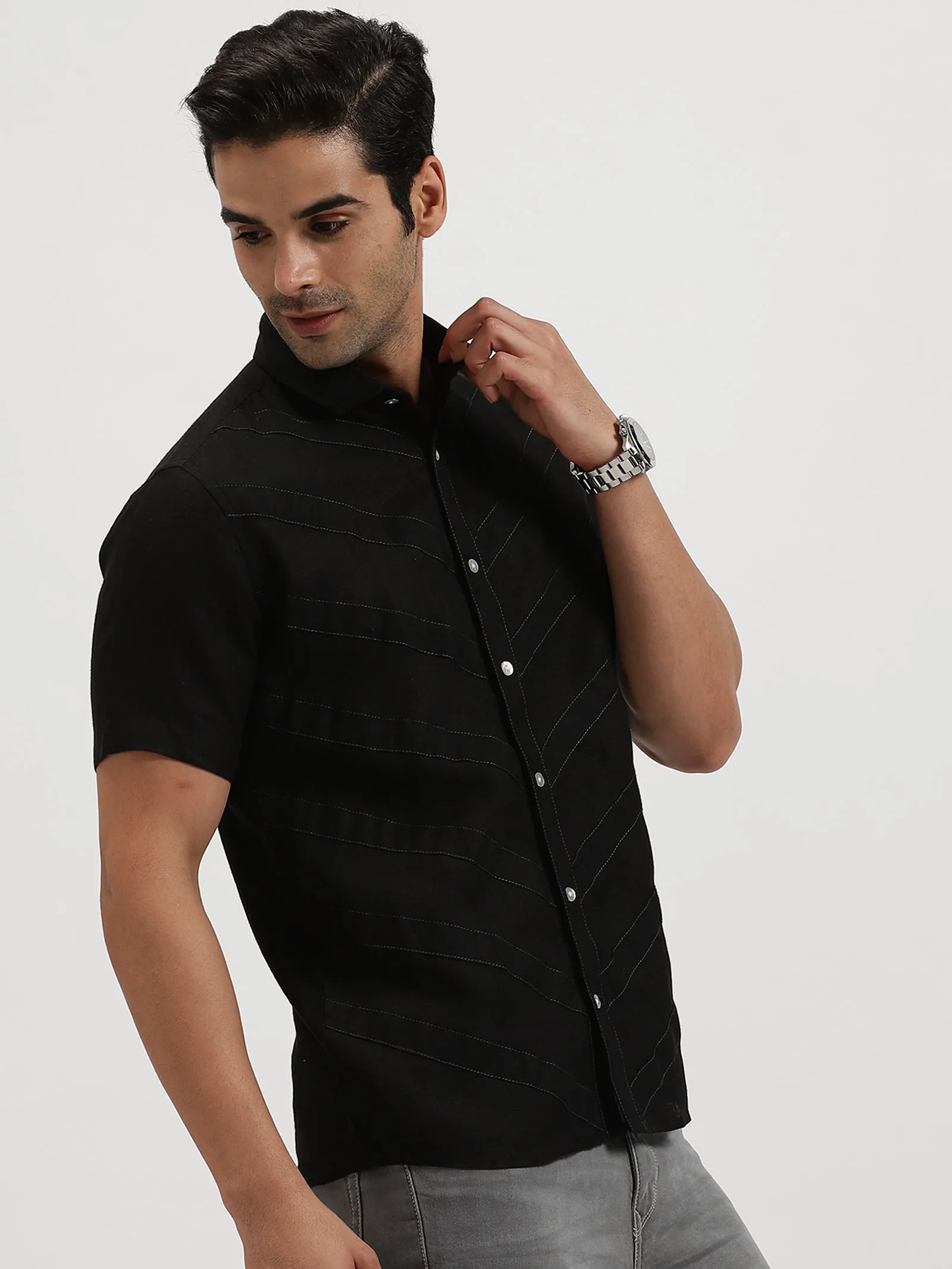 Pierre - Pure Linen Stitch Detailed Half Sleeve Shirt - Black